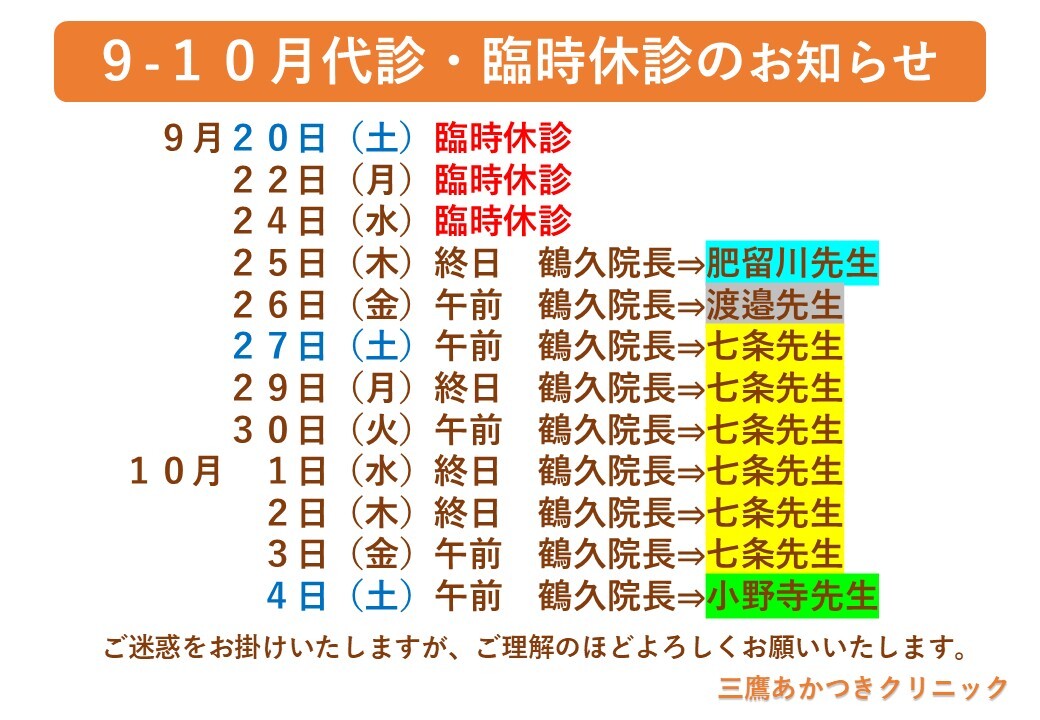 代診・臨時休診のお知らせ